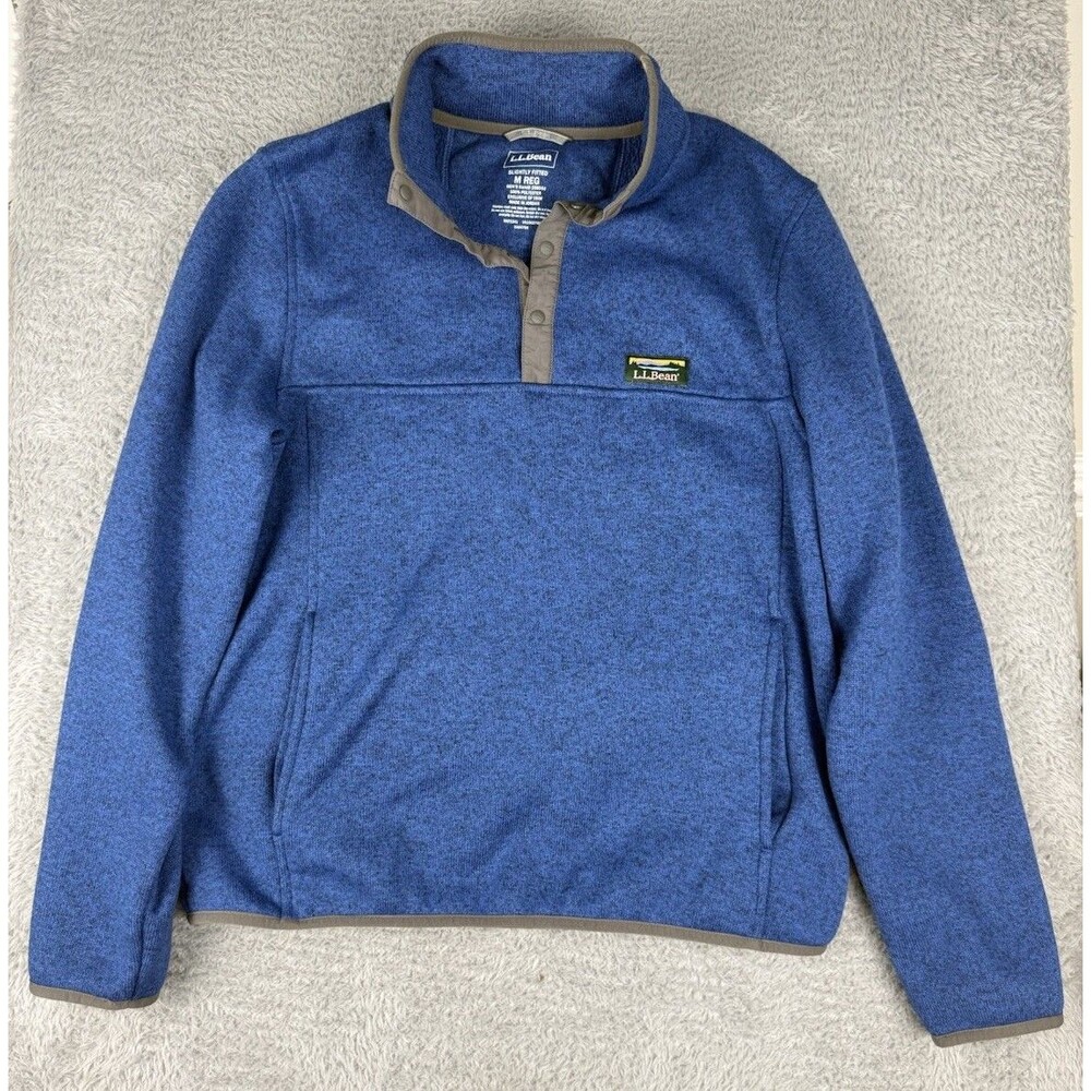 L.L.Bean Sweater Fleece Pullover Mens M Slightly Fitted Blue 1/4  Snap Neck